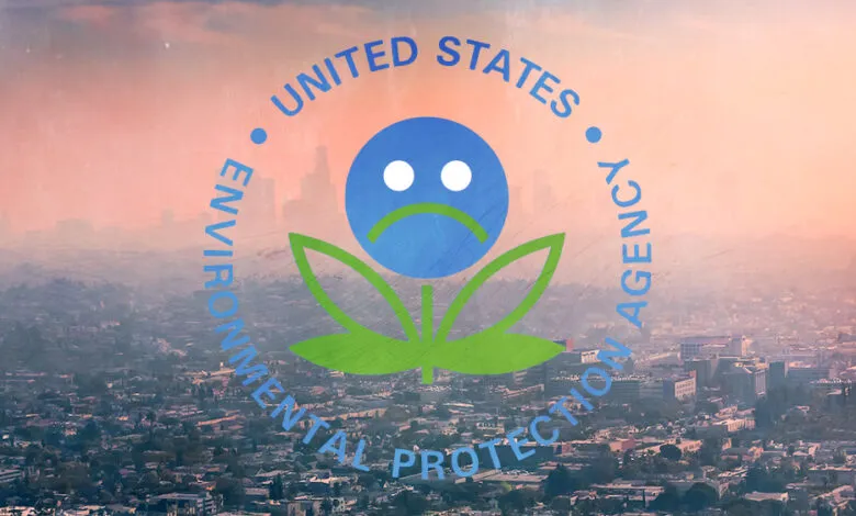 EPA logo with sad face over smoggy city, symbolizing environmental concerns.
