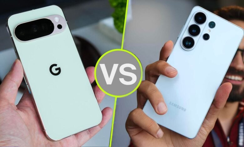 Google Pixel vs Samsung Galaxy phone comparison side-by-side.