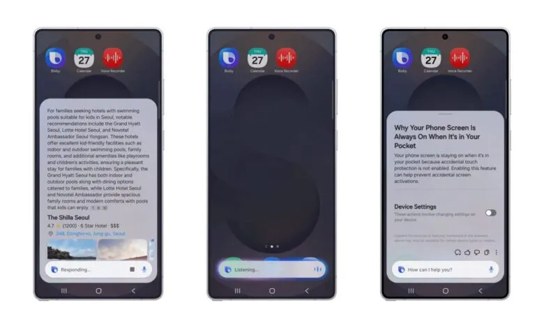 Three Samsung phones showing Bixby search results and settings related to pocket mode.