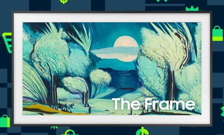 Samsung The Frame TV displaying a landscape painting with trees and a moonlit sky.
