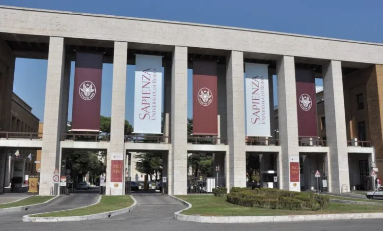 Entrance to Sapienza University of Rome with banners.