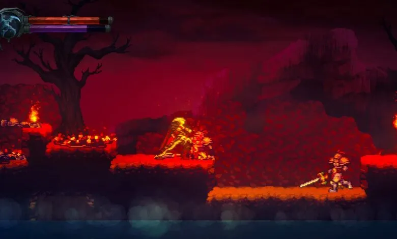 Pixel art game scene with characters fighting in a dark, fiery landscape.