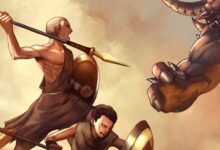 Illustration of two warriors facing a monstrous, horned beast in battle.