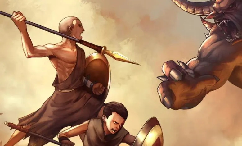 Illustration of two warriors facing a monstrous, horned beast in battle.