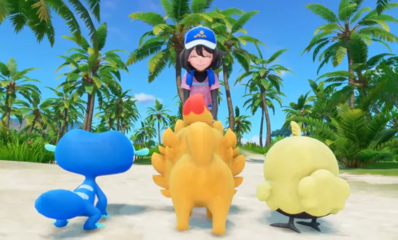 Smiling trainer with blue, yellow, and orange Pokemon on a tropical beach.