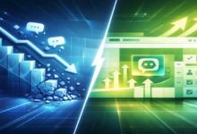 Visual metaphor showing contrasting business performance with charts and icons.