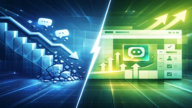 Visual metaphor showing contrasting business performance with charts and icons.