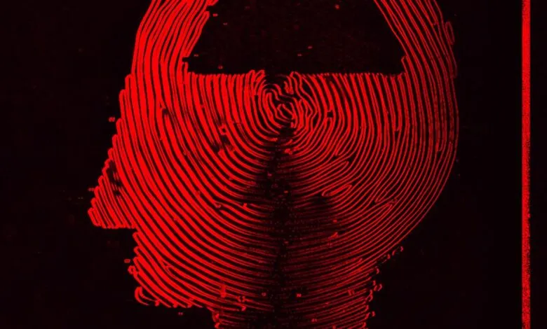 Abstract red fingerprint forms a human head profile on a black background.
