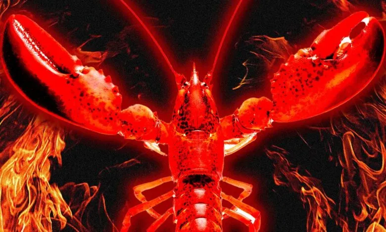 Fiery red lobster with claws raised against a backdrop of flames.