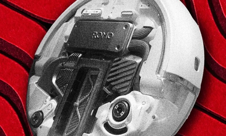 Close-up of a Romo robot head showing internal components.