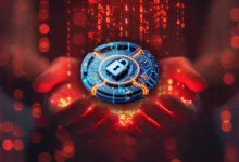 Hands holding a digital padlock with binary code background.