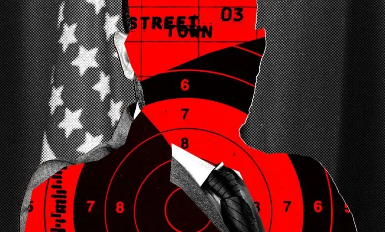 Target silhouette with suit and American flag background.