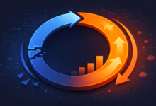 Circular arrow diagram showing a self-reinforcing cycle with blue and orange sections.