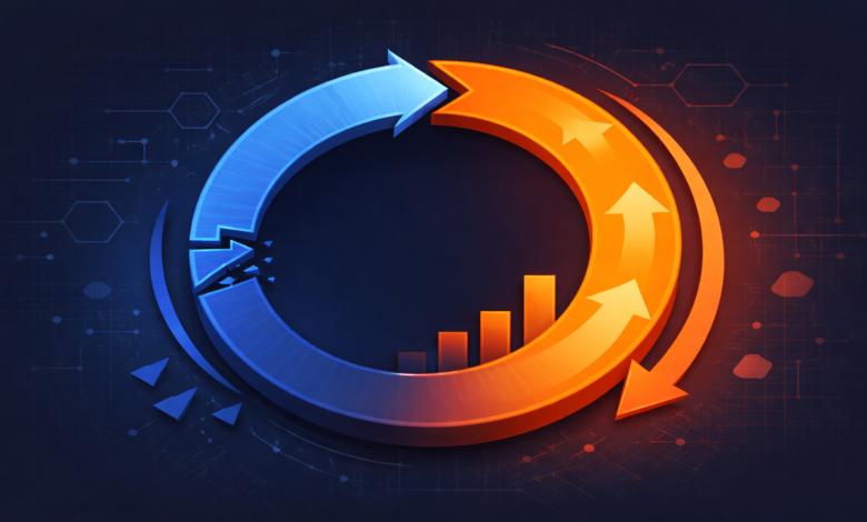 Circular arrow diagram showing a self-reinforcing cycle with blue and orange sections.