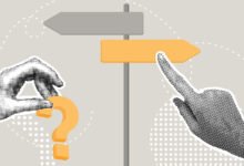 Two hands point to different directions on a signpost, one holding a question mark.