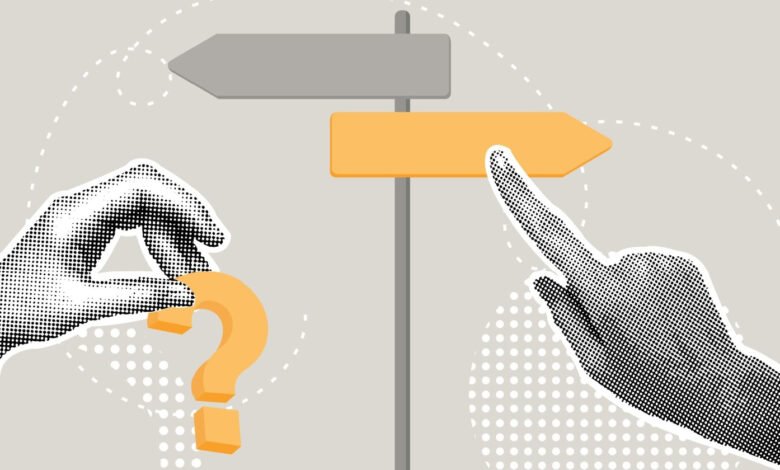 Two hands point to different directions on a signpost, one holding a question mark.