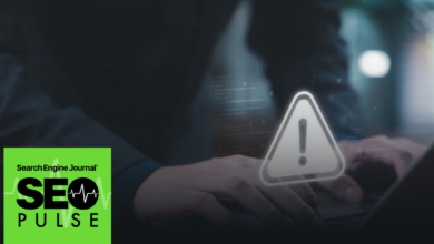 Person types on laptop with warning sign overlay, SEO Pulse logo.