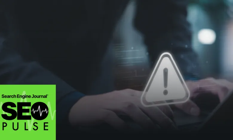 Person types on laptop with warning sign overlay, SEO Pulse logo.