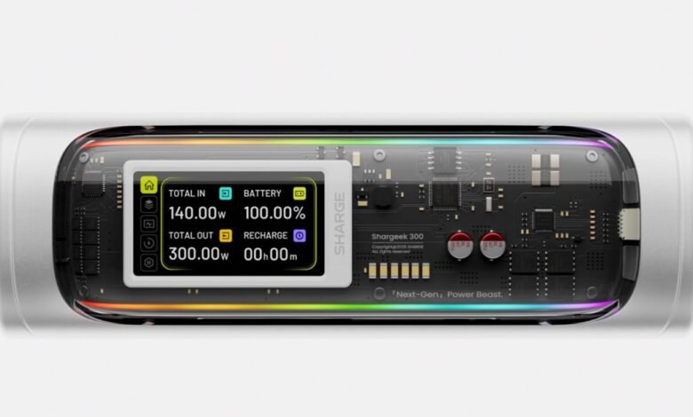 Shargeek 300 power bank with transparent casing showing internal components and digital display.