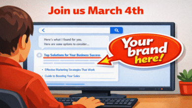 Person using computer with search results and 'Your brand here!' graphic.