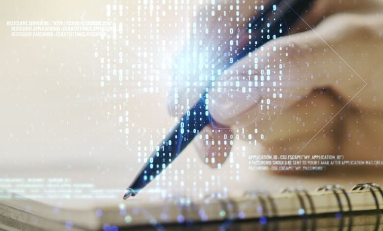 Hand writing on notepad with digital skull overlay, cybersecurity concept.