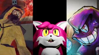 Three panels featuring stylized, cartoonish characters with distinct color palettes and expressions.