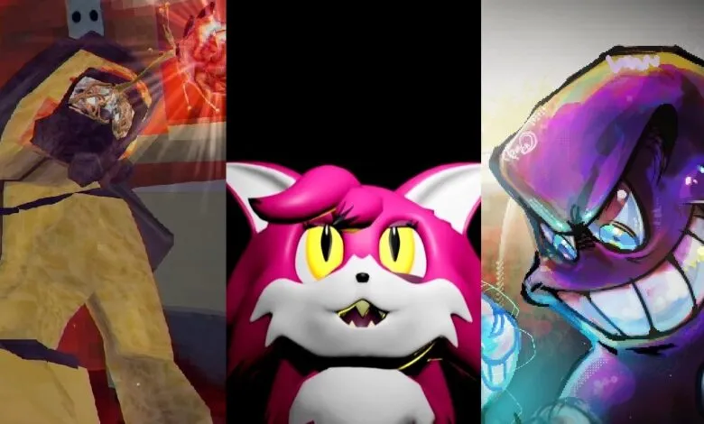 Three panels featuring stylized, cartoonish characters with distinct color palettes and expressions.