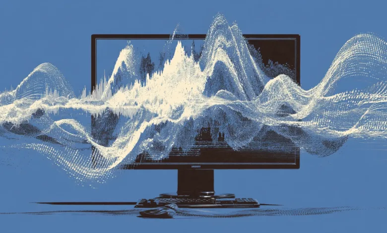 Abstract sound wave visualization on a computer screen, blue background.