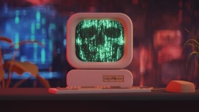 Retro computer screen displays skull made of green code, keyboard and mouse visible.