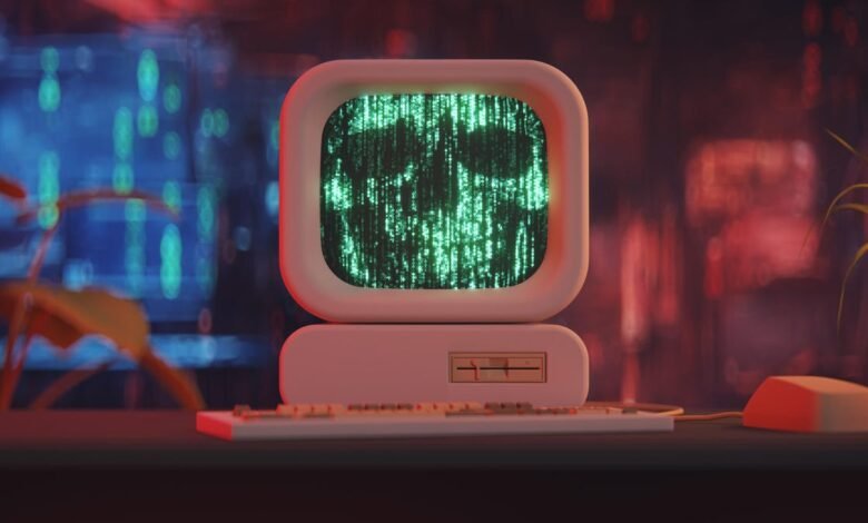 Retro computer screen displays skull made of green code, keyboard and mouse visible.