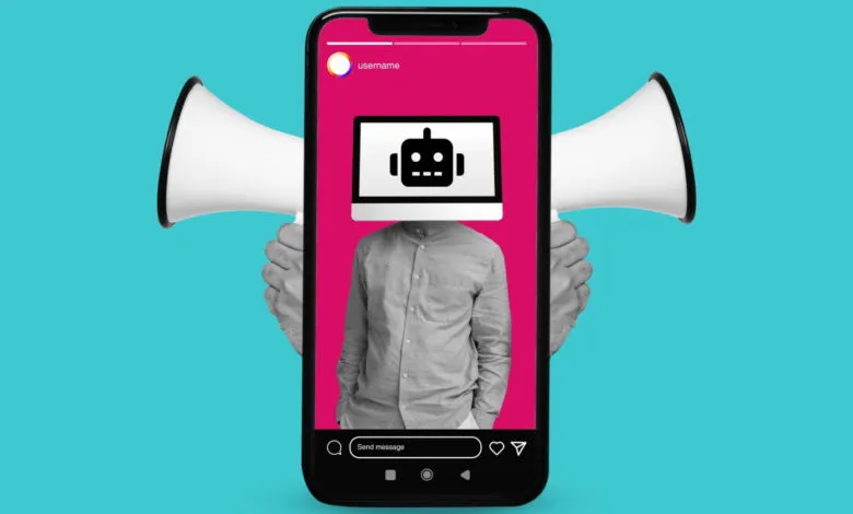 AI robot head on a person in a social media post with megaphones.