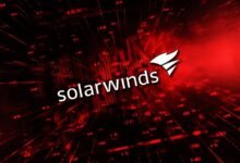 Solarwinds logo on a red and black digital background.