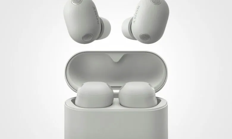 Wireless Sony earbuds in charging case, floating above, light gray color.