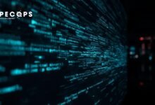 Abstract digital display with teal code and the SPECOPS logo.