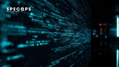 Abstract digital display with teal code and the SPECOPS logo.