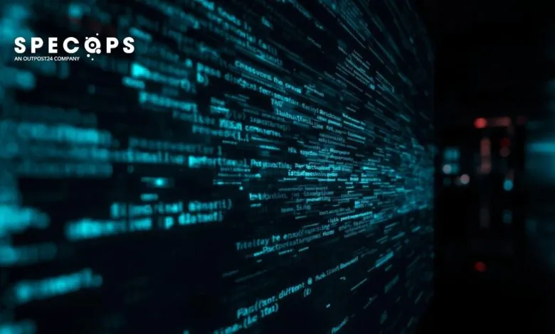 Abstract digital display with teal code and the SPECOPS logo.