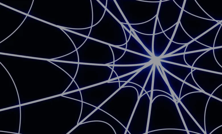 Abstract spiderweb design with glowing blue lines on a dark background.