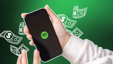 Hand holding phone with Spotify logo, money graphics around.