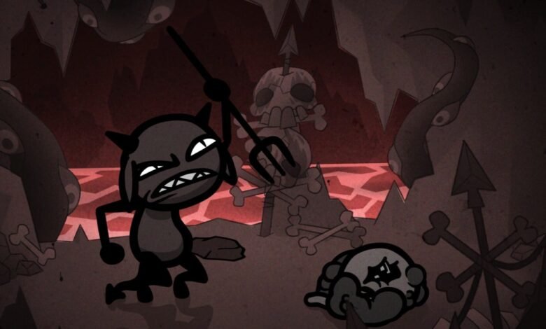 Cartoon demon with pitchfork stands over defeated foe in hellish landscape.