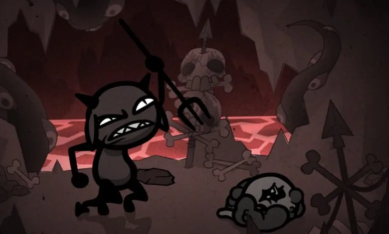 Cartoon demon with pitchfork stands over defeated foe in hellish landscape.
