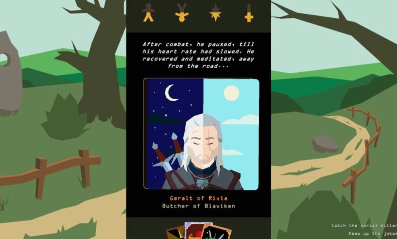 Geralt of Rivia game screen with stylized character portrait and text.