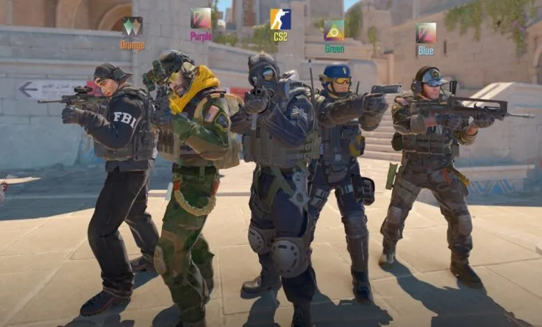 Five Counter-Strike 2 characters aiming weapons in a desert setting.