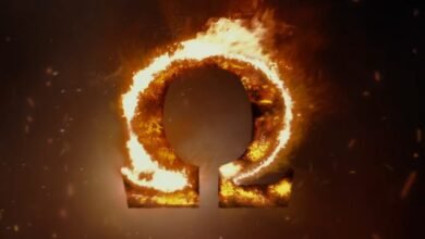 Omega symbol engulfed in flames, against a dark background.
