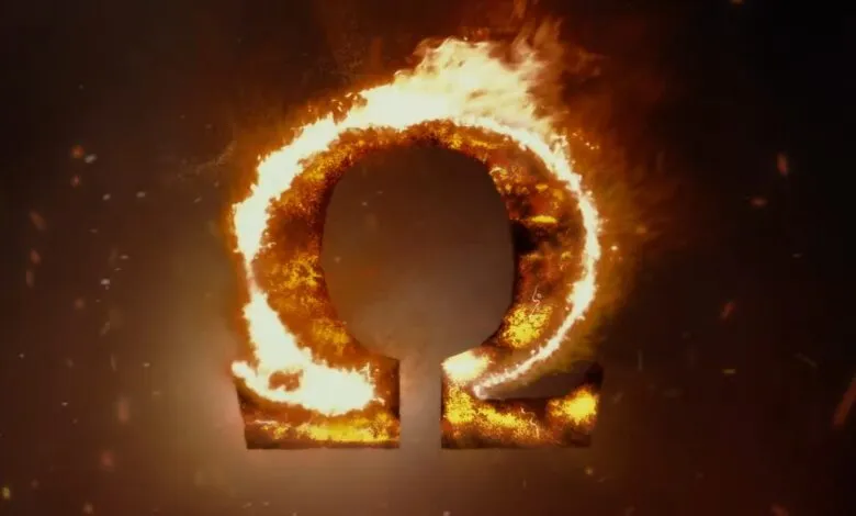 Omega symbol engulfed in flames, against a dark background.