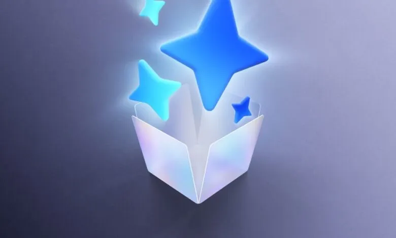 Open box with glowing blue stars floating upwards on a gradient background.