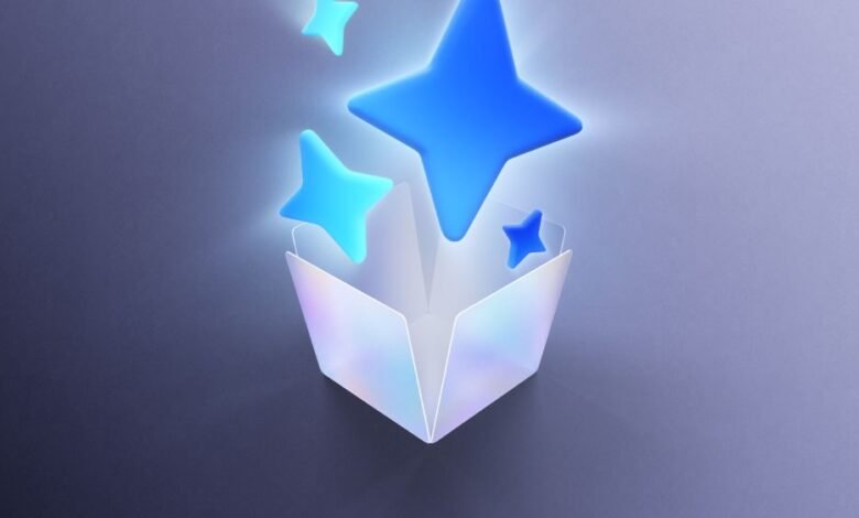Open box with blue stars floating upwards on a gradient background.