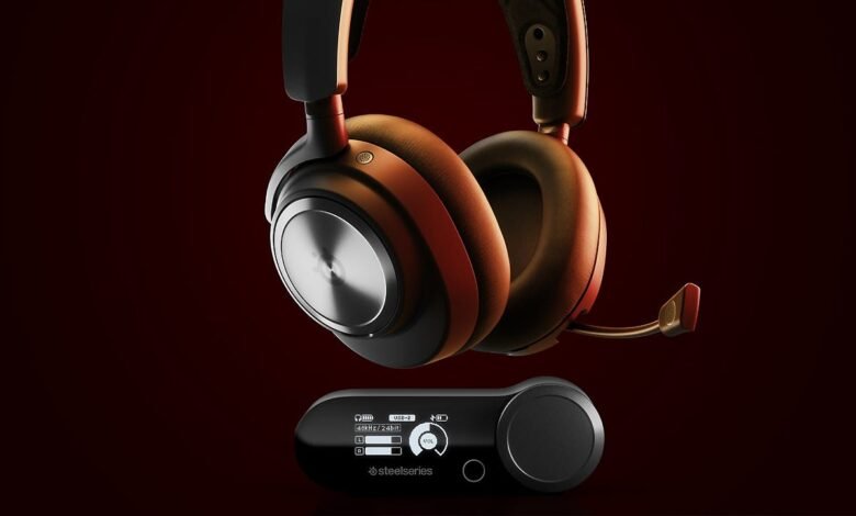 SteelSeries Arctis Nova Pro gaming headset with GameDAC on dark red background.