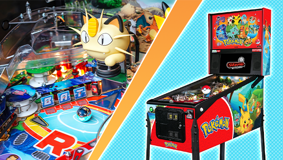 Pokémon pinball machine featuring Meowth and colorful game board.