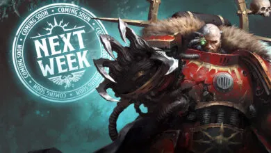 Warhammer 40k character in red armor with 'Next Week' teaser.