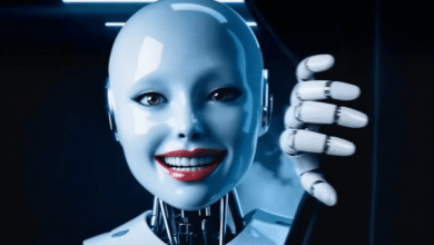 Smiling humanoid robot with red lipstick and a robotic hand.